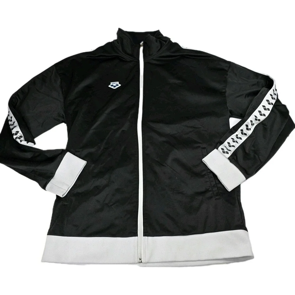 Arena Track Jacket Mens Medium Black‎ White Team Oversize Full Zip Retro Logo